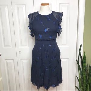 BCBGMaxAzria silk dress, glitter feather print